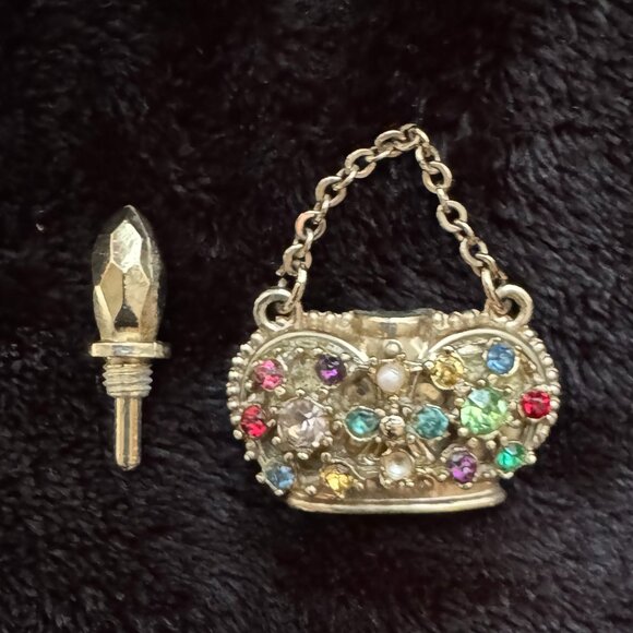 Vtg Mini Crown Rhinestone Perfume Bottle Charm with Dauber, Chain - Picture 3 of 7